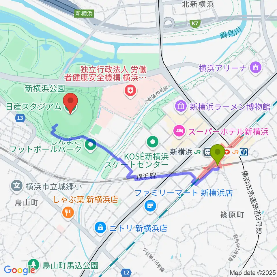 新横浜駅から日産スタジアムへのルートマップ地図