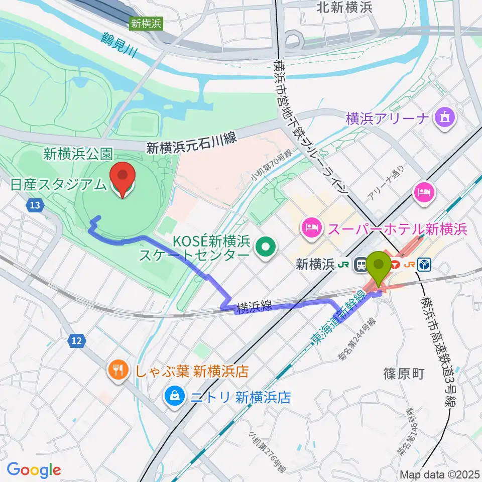 新横浜駅から日産スタジアムへのルートマップ地図