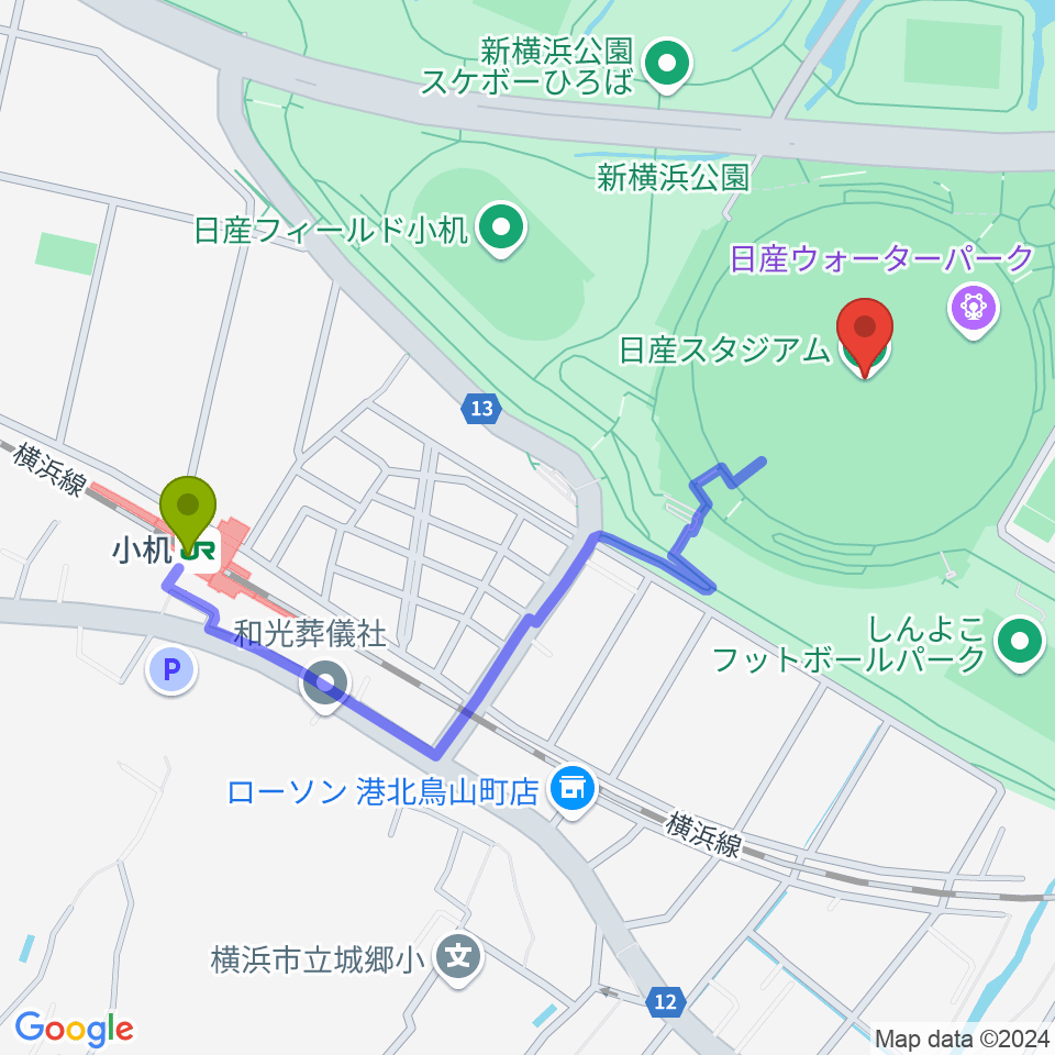 日産スタジアムの最寄駅小机駅からの徒歩ルート（約10分）地図