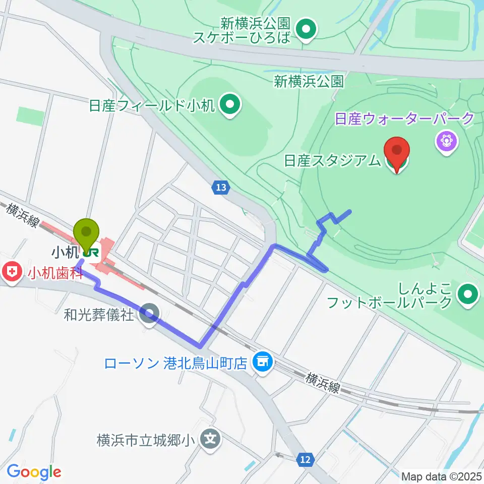 日産スタジアムの最寄駅小机駅からの徒歩ルート（約10分）地図