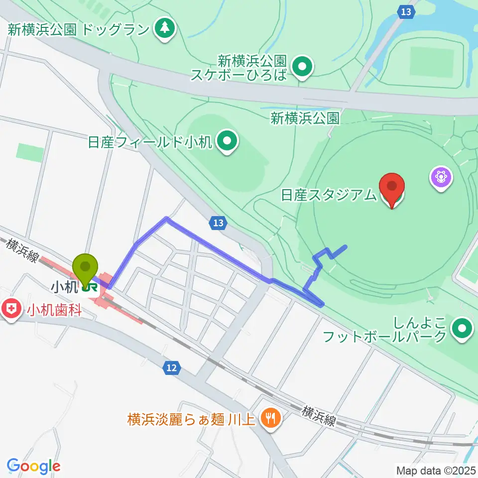 日産スタジアムの最寄駅小机駅からの徒歩ルート（約10分）地図