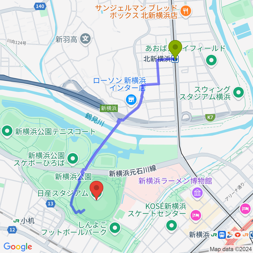 北新横浜駅から日産スタジアムへのルートマップ地図