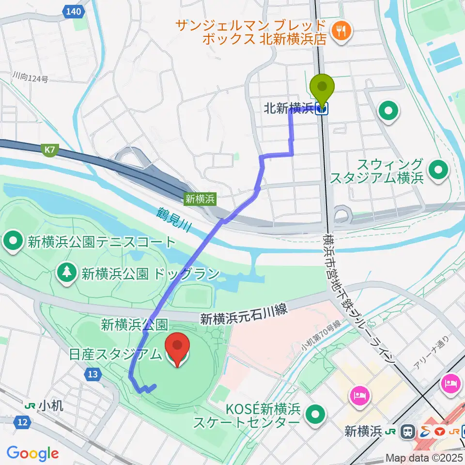 北新横浜駅から日産スタジアムへのルートマップ地図