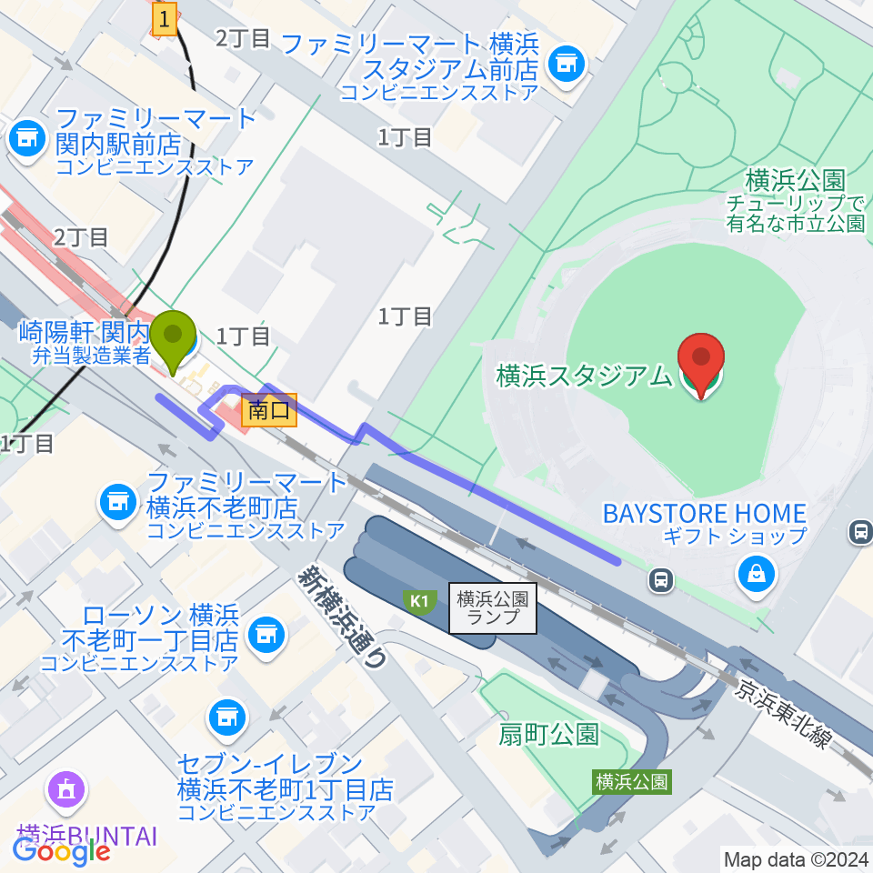 横浜スタジアムの最寄駅関内駅からの徒歩ルート（約5分）地図