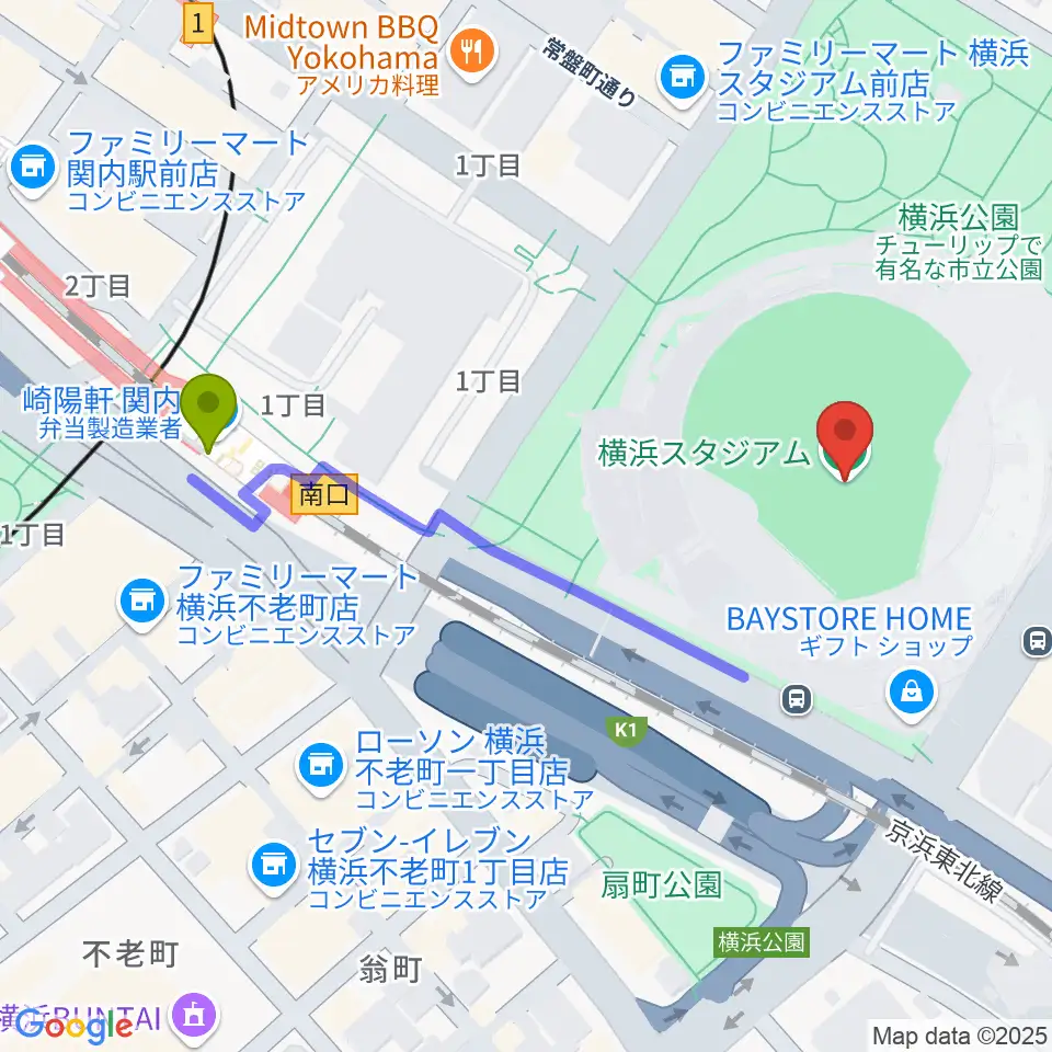 横浜スタジアムの最寄駅関内駅からの徒歩ルート（約5分）地図