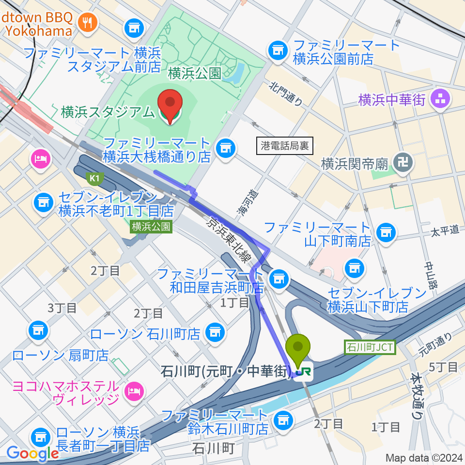 石川町駅から横浜スタジアムへのルートマップ地図