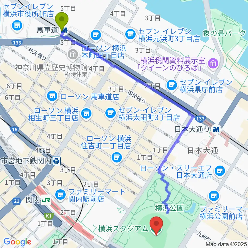馬車道駅から横浜スタジアムへのルートマップ地図