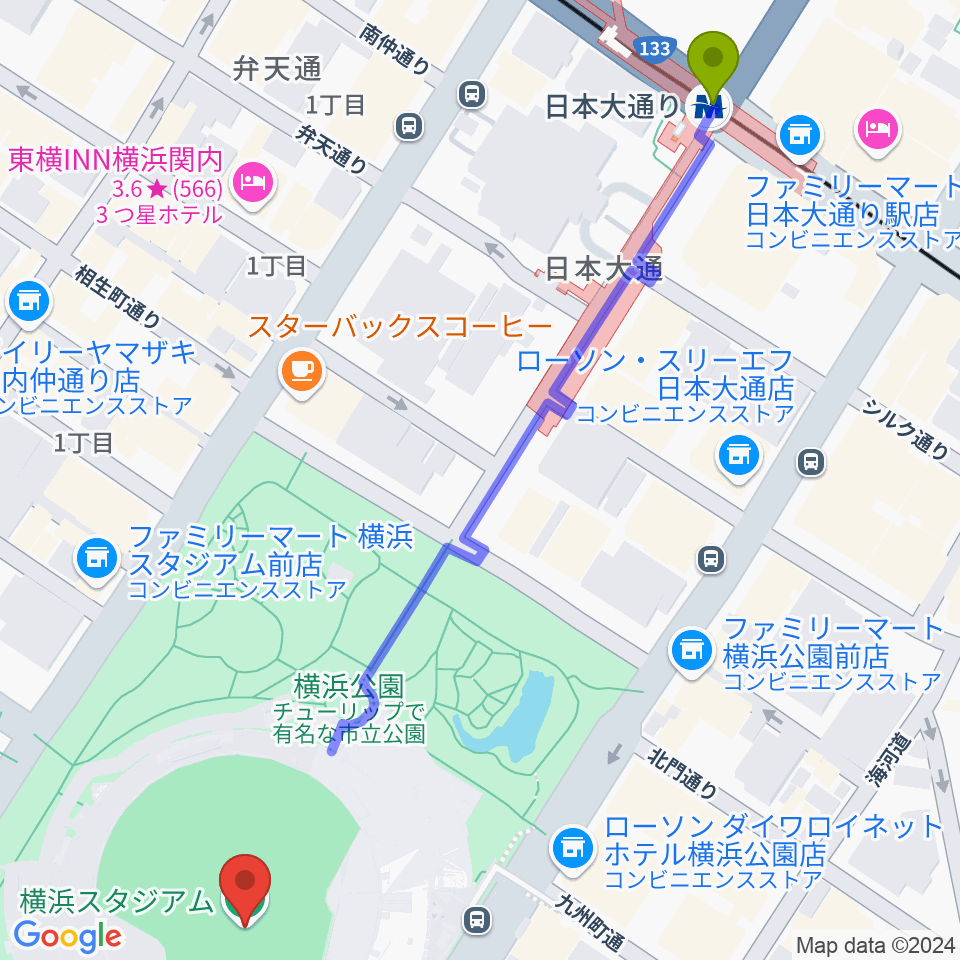 日本大通り駅から横浜スタジアムへのルートマップ地図