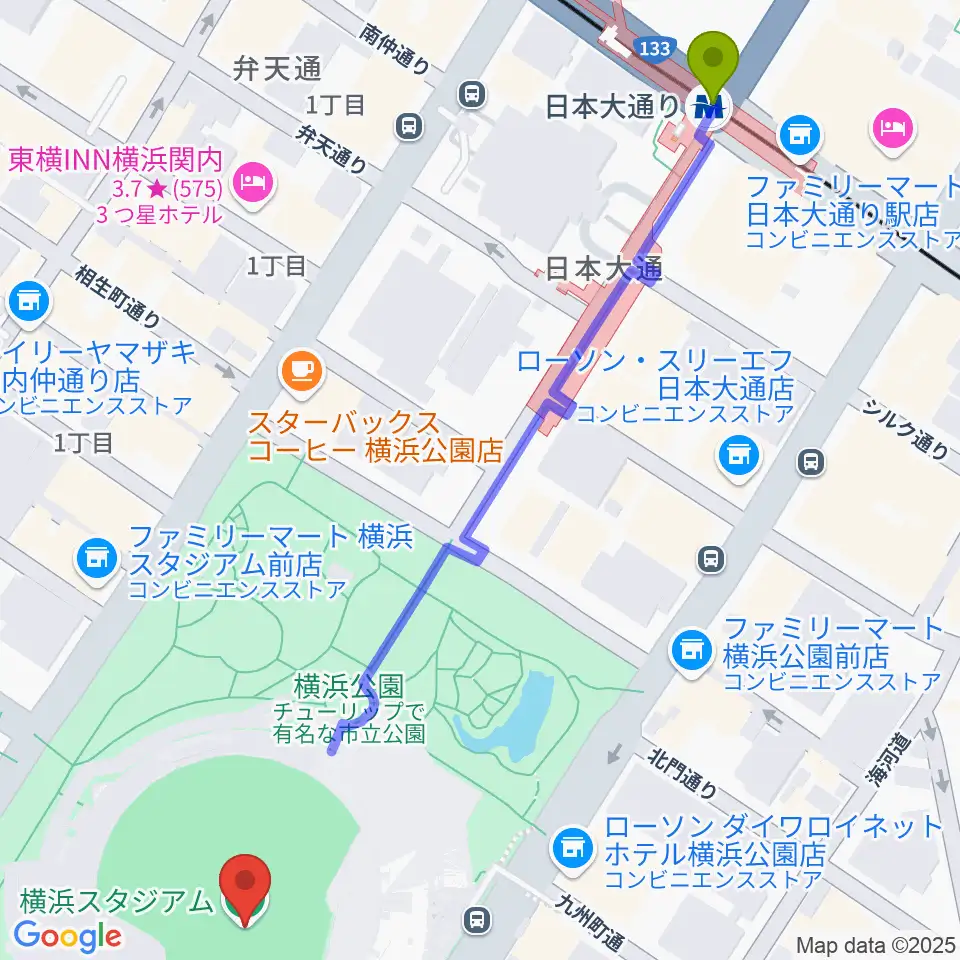 日本大通り駅から横浜スタジアムへのルートマップ地図