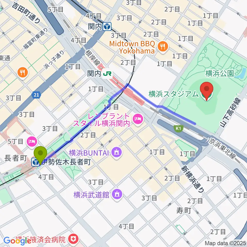 伊勢佐木長者町駅から横浜スタジアムへのルートマップ地図