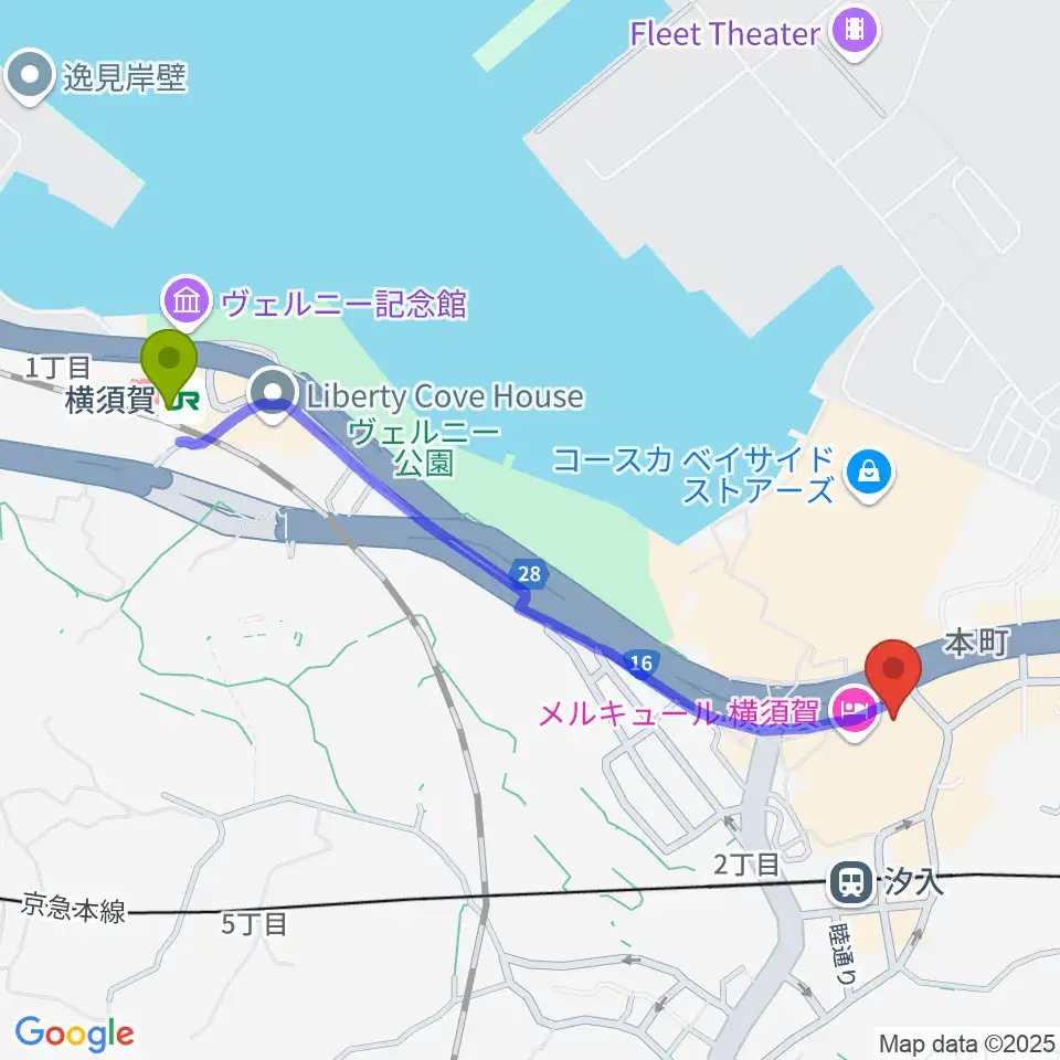 横須賀駅から横須賀芸術劇場へのルートマップ地図