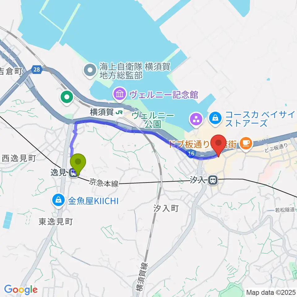 逸見駅から横須賀芸術劇場へのルートマップ地図
