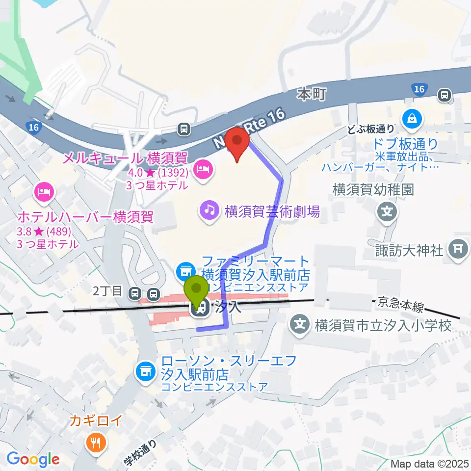 横須賀芸術劇場の最寄駅汐入駅からの徒歩ルート（約3分）地図