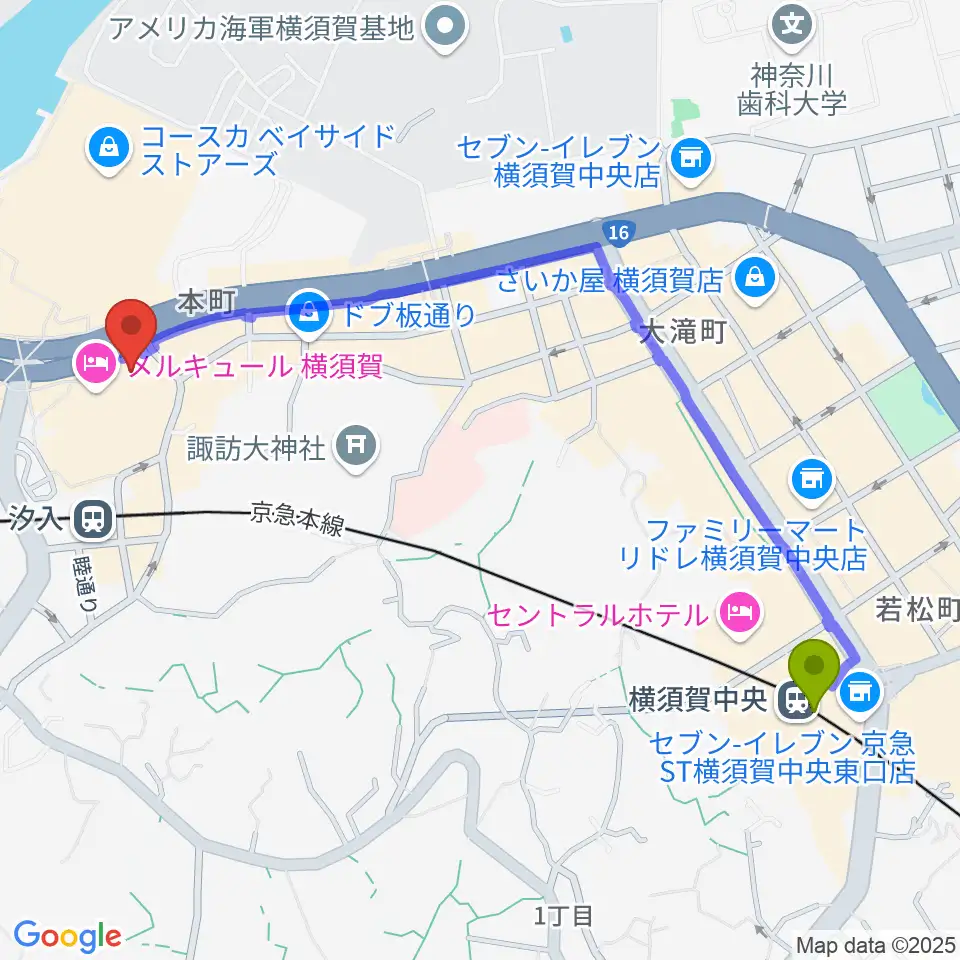 横須賀中央駅から横須賀芸術劇場へのルートマップ地図