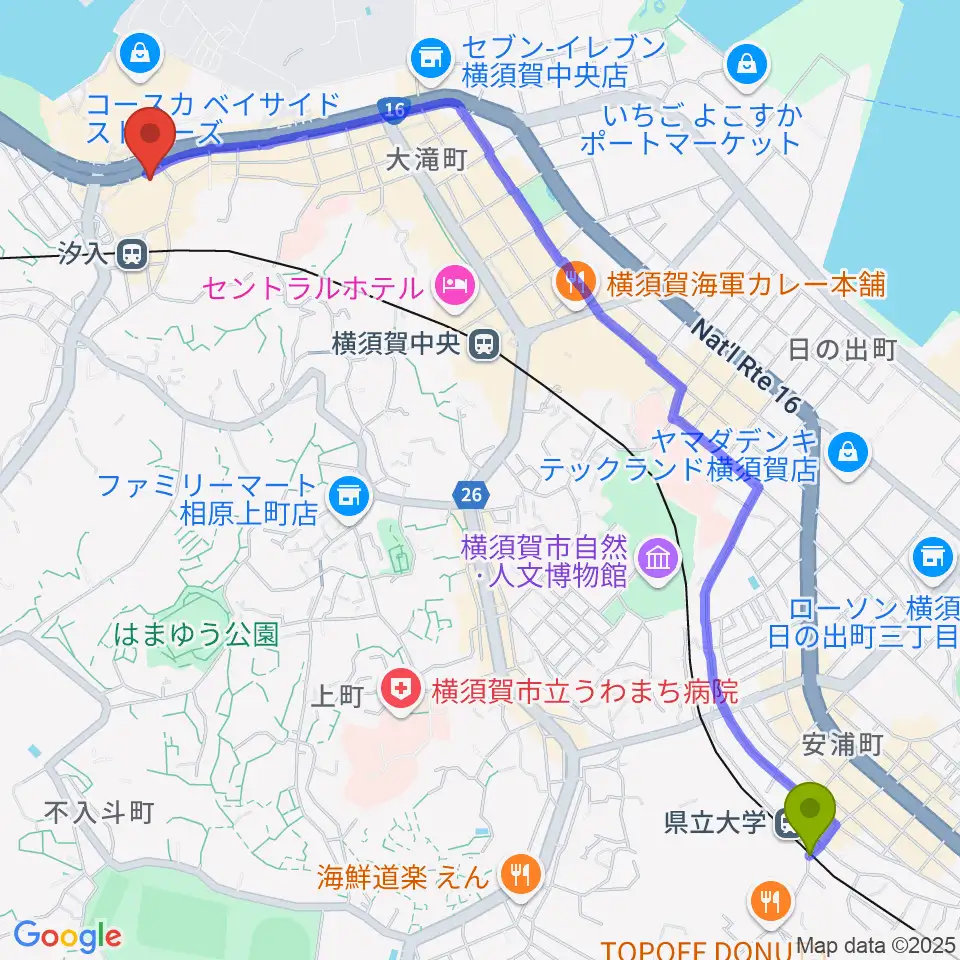 県立大学駅から横須賀芸術劇場へのルートマップ地図