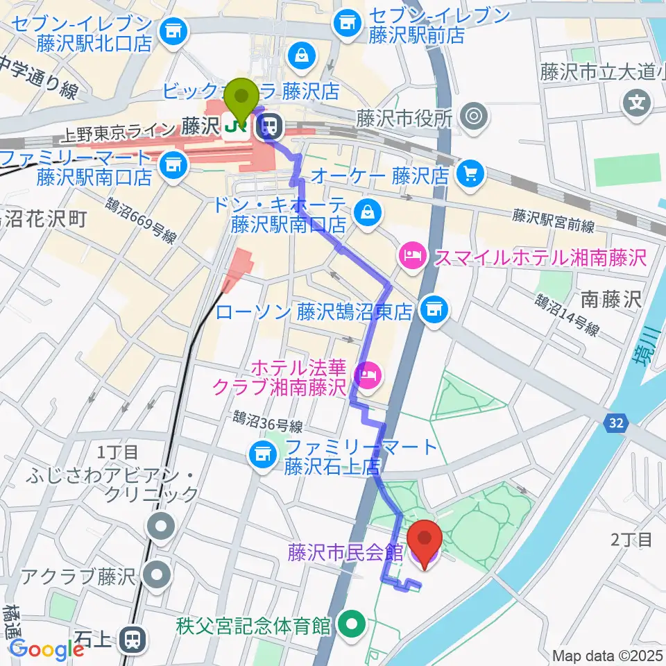 藤沢駅から藤沢市民会館へのルートマップ MDATA