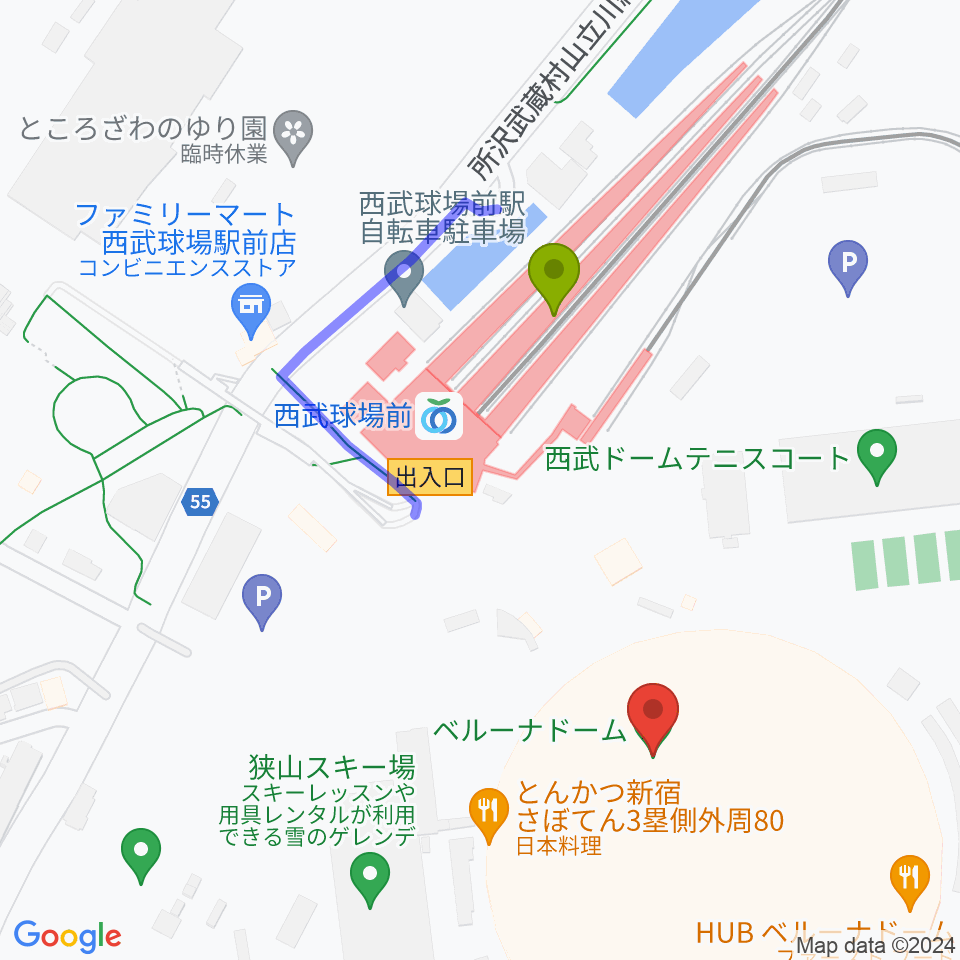 ベルーナドームの最寄駅西武球場前駅からの徒歩ルート（約4分）地図