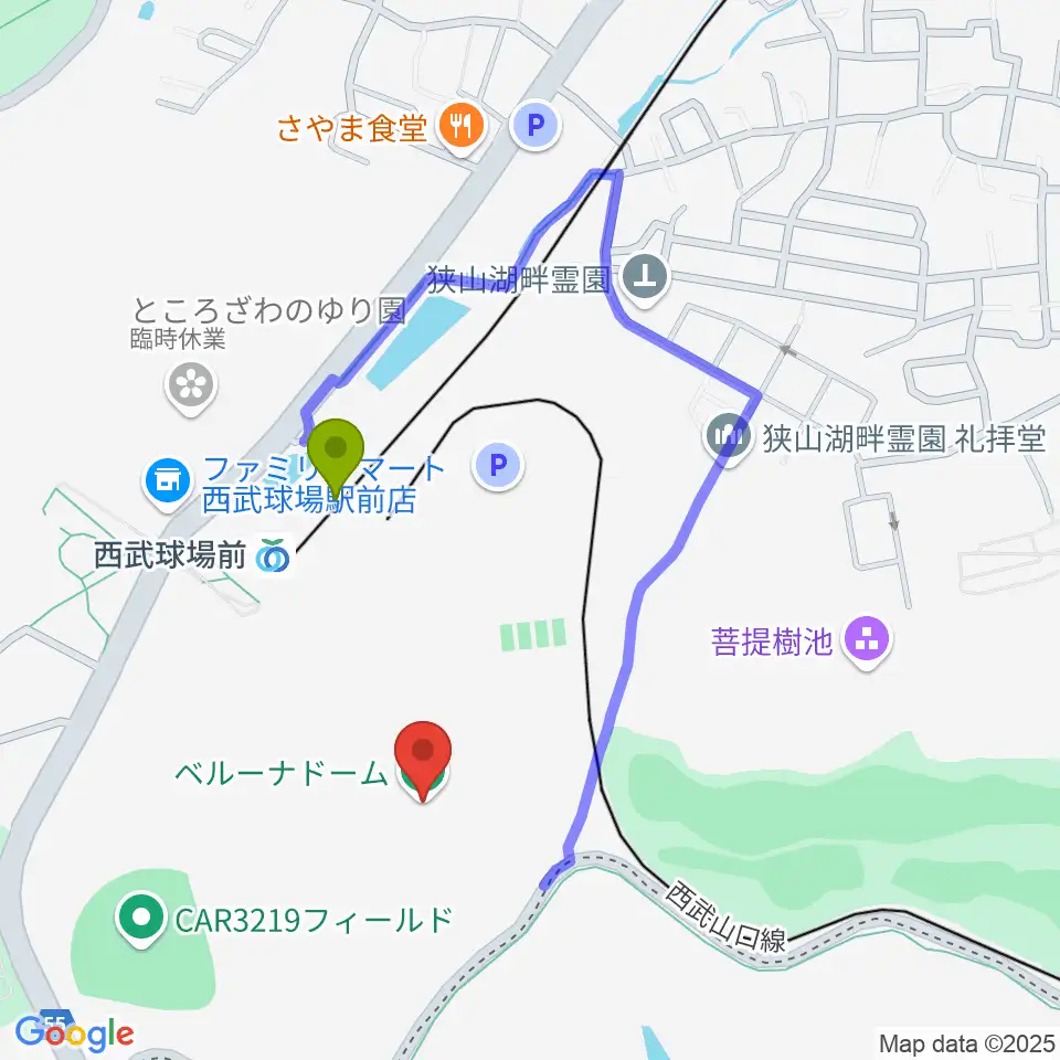 ベルーナドームの最寄駅西武球場前駅からの徒歩ルート（約5分）地図