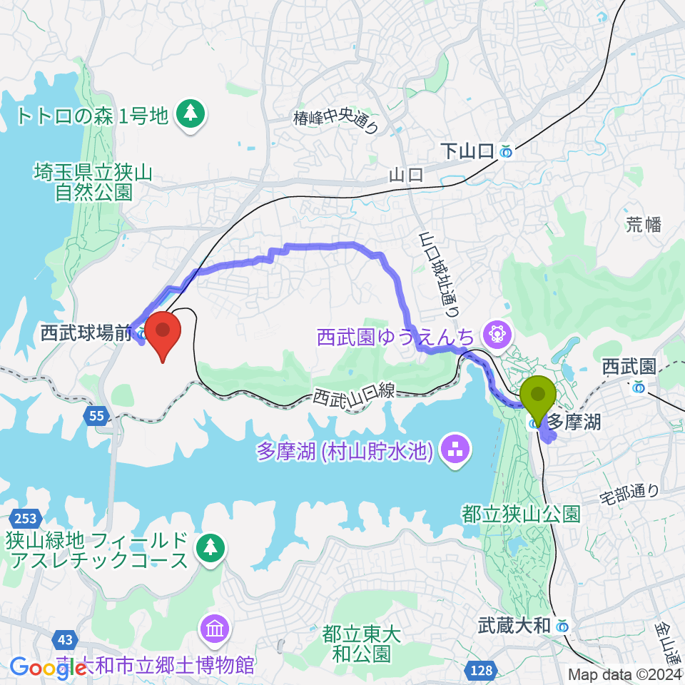 西武遊園地駅からベルーナドームへのルートマップ地図