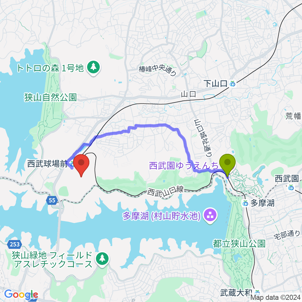 遊園地西駅からベルーナドームへのルートマップ地図