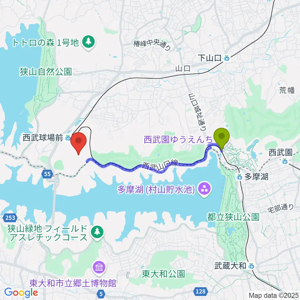 遊園地西駅からベルーナドームへのルートマップ地図