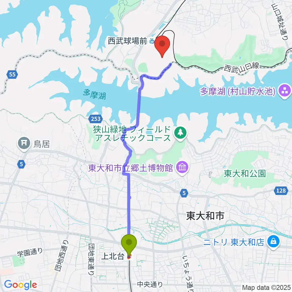 上北台駅からベルーナドームへのルートマップ地図