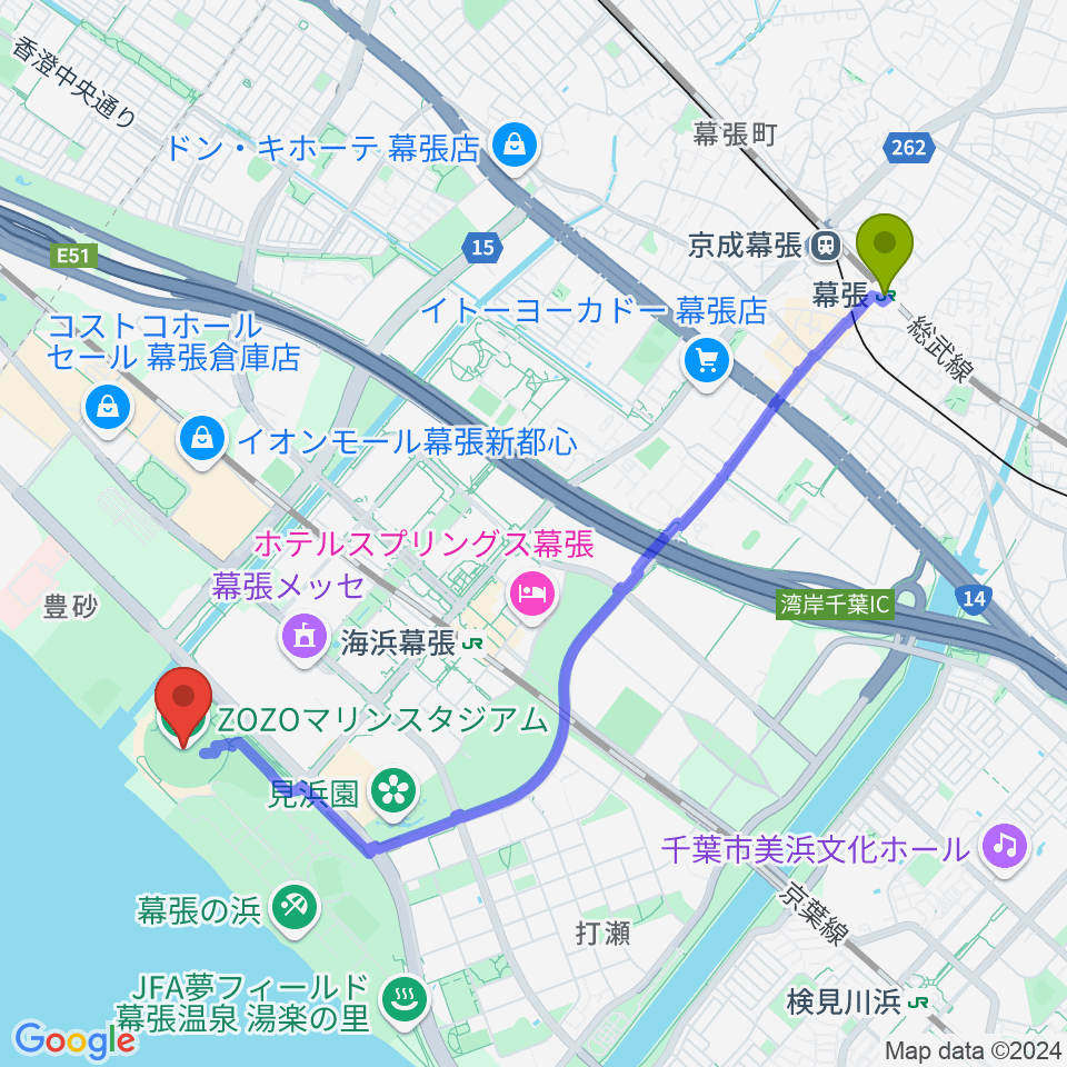 幕張駅からZOZOマリンスタジアムへのルートマップ地図