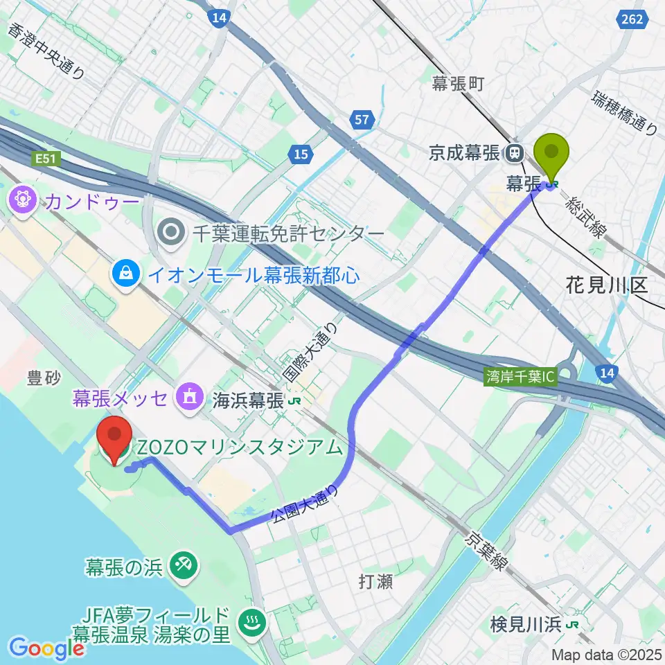 幕張駅からZOZOマリンスタジアムへのルートマップ地図
