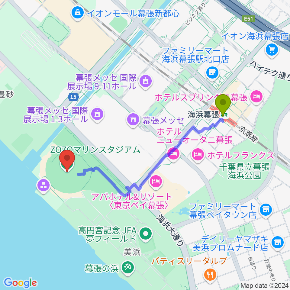 Zozoマリンスタジアムの最寄駅海浜幕張駅からの徒歩ルート（約18分） Mdata