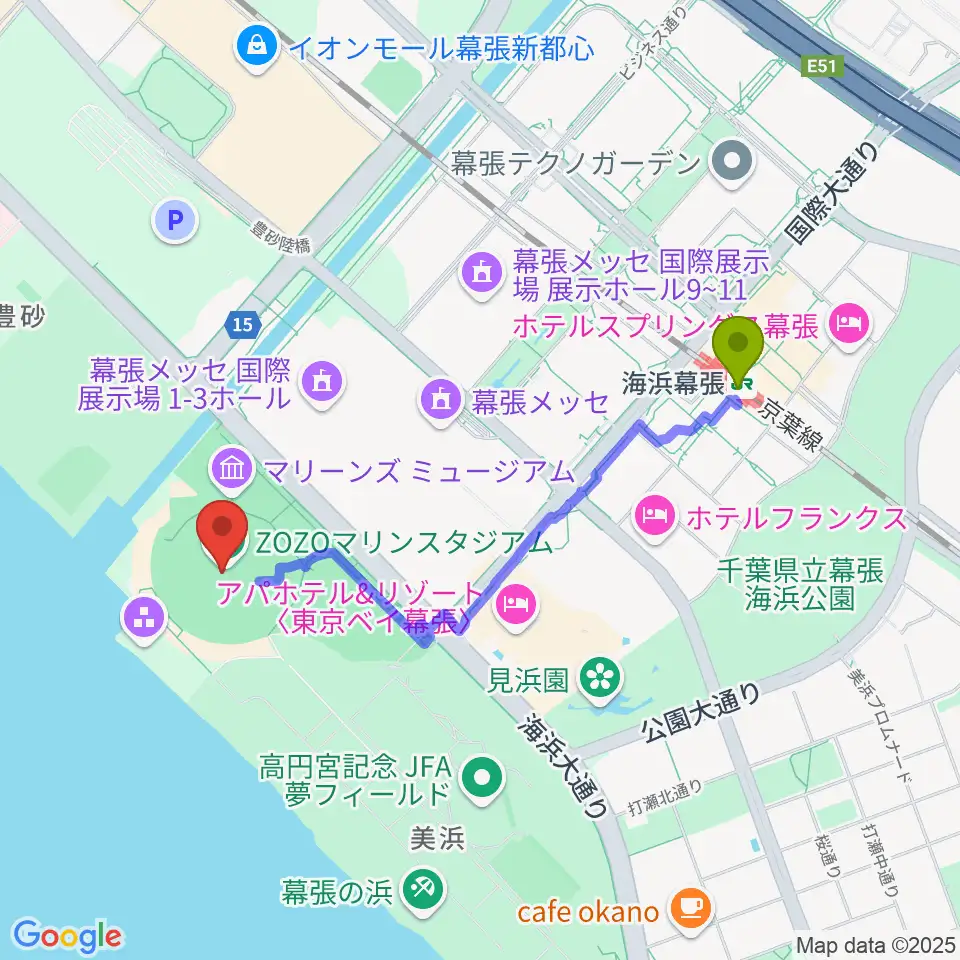 ZOZOマリンスタジアムの最寄駅海浜幕張駅からの徒歩ルート（約18分）地図