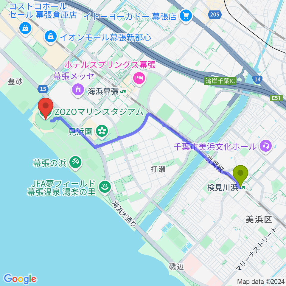 検見川浜駅からZOZOマリンスタジアムへのルートマップ地図