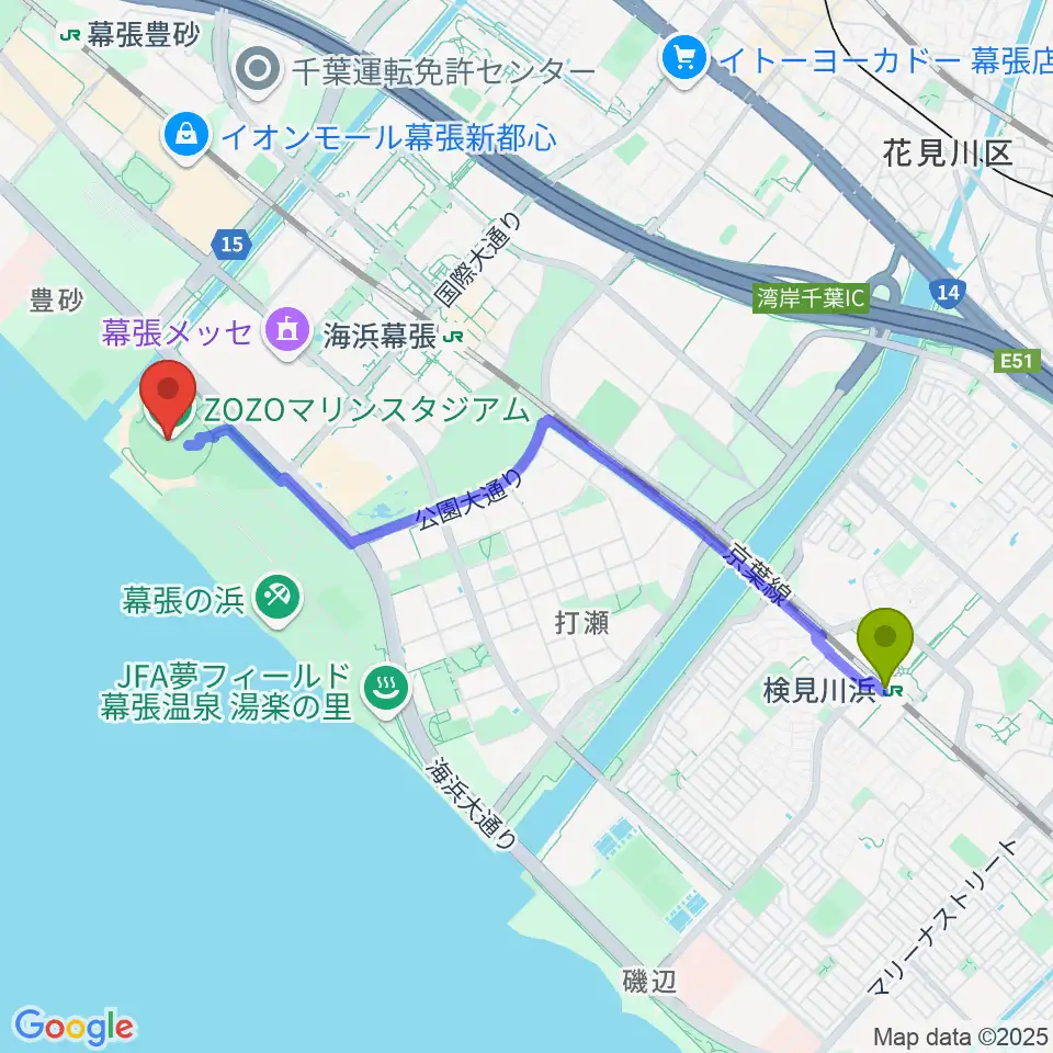 検見川浜駅からZOZOマリンスタジアムへのルートマップ地図