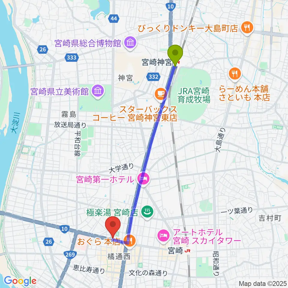 宮崎神宮駅からボイス宮崎へのルートマップ地図