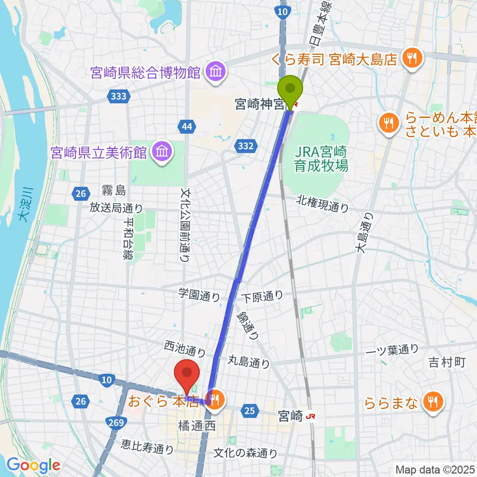 宮崎神宮駅からボイス宮崎へのルートマップ地図