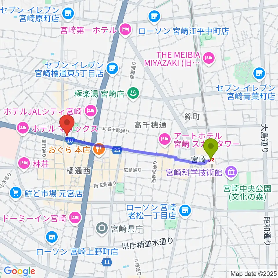 ボイス宮崎の最寄駅宮崎駅からの徒歩ルート（約17分）地図