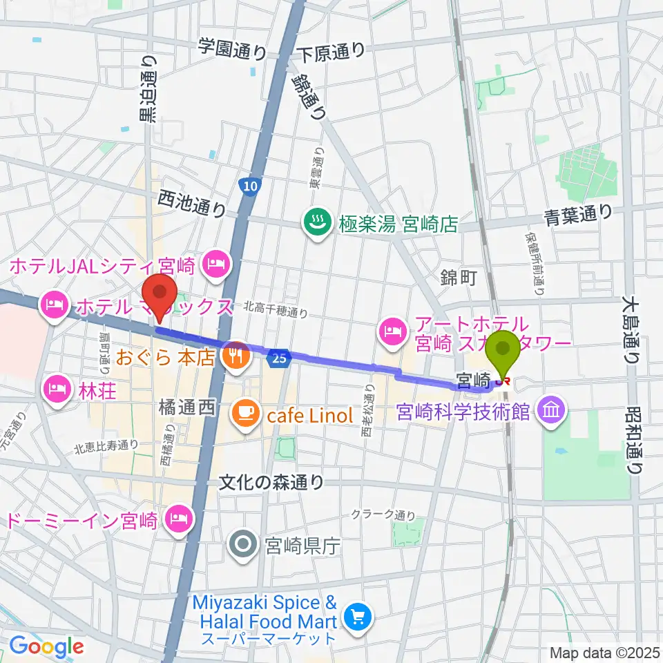 ボイス宮崎の最寄駅宮崎駅からの徒歩ルート（約17分）地図