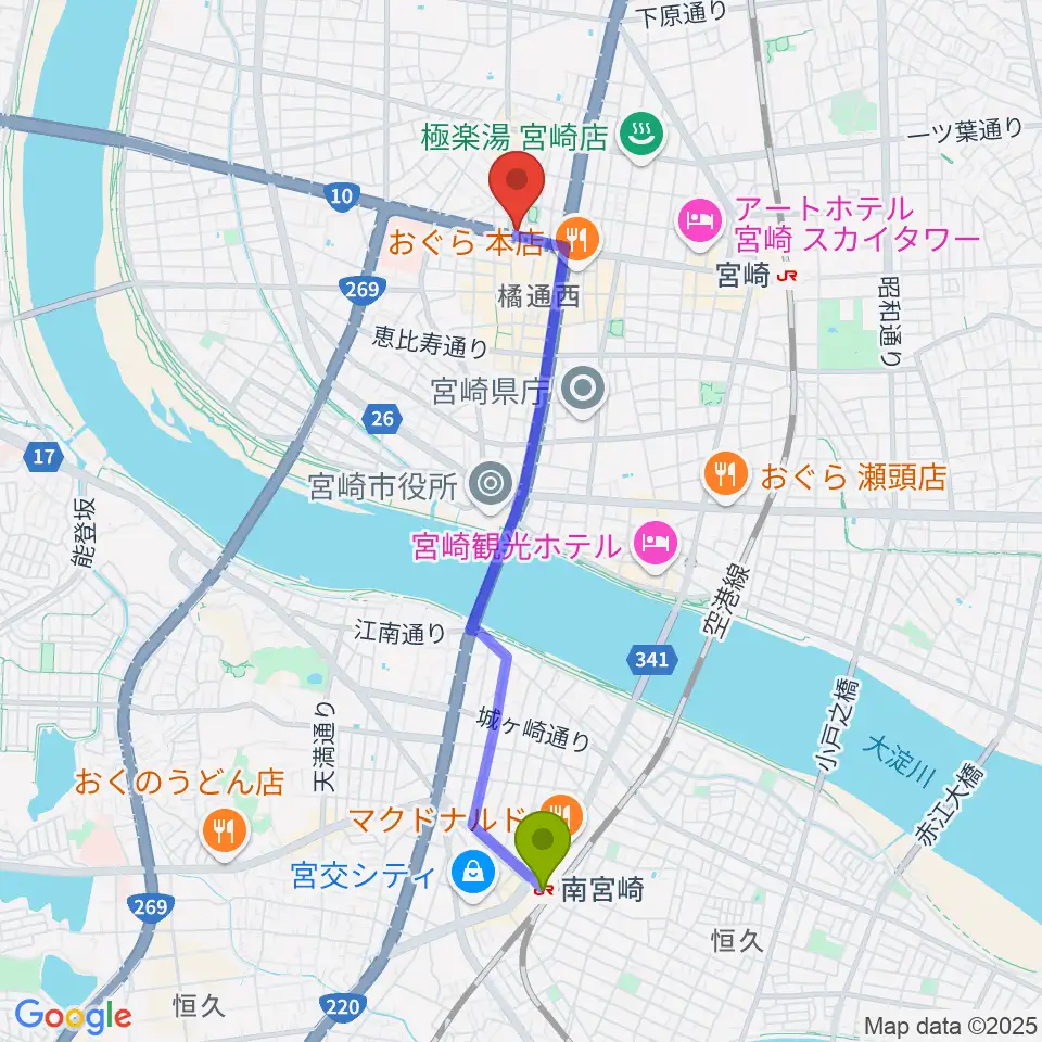 南宮崎駅からボイス宮崎へのルートマップ地図