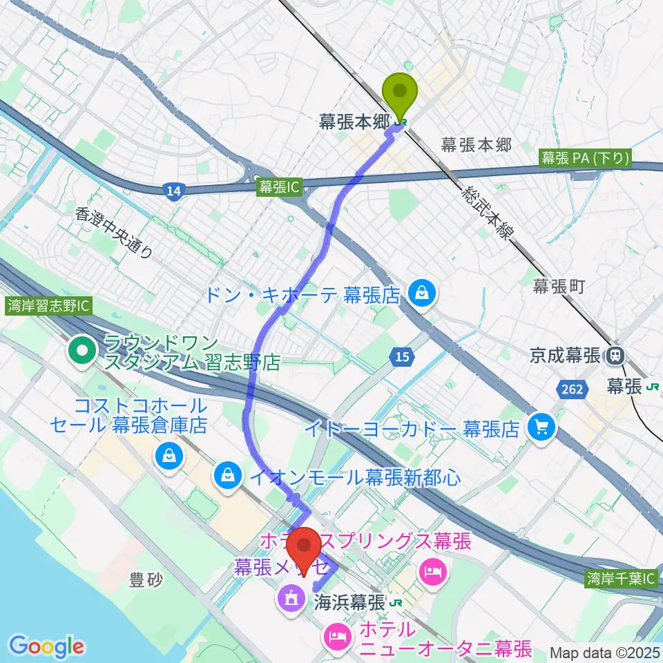 幕張本郷駅から幕張メッセ 国際展示場9-11ホールへのルートマップ地図