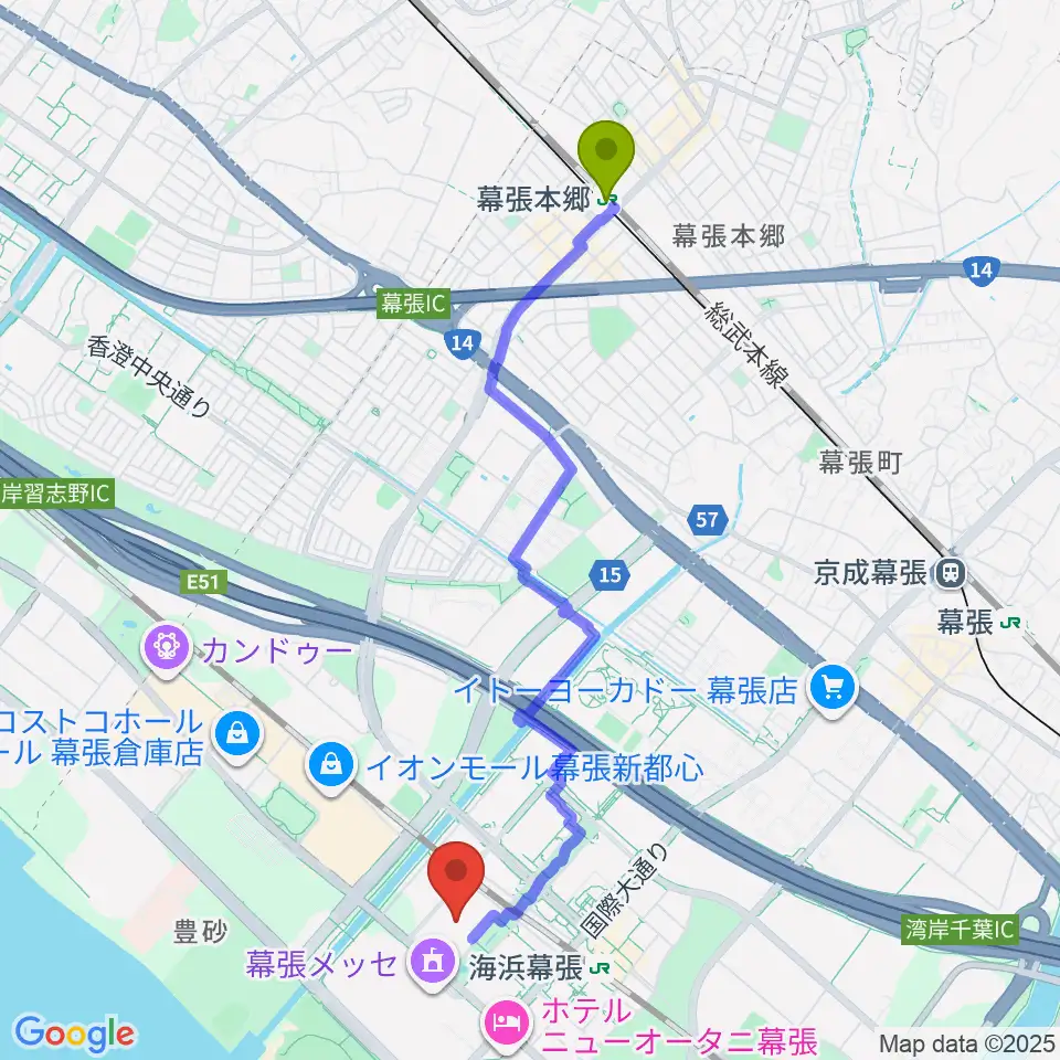 幕張本郷駅から幕張メッセ 国際展示場9-11ホールへのルートマップ地図