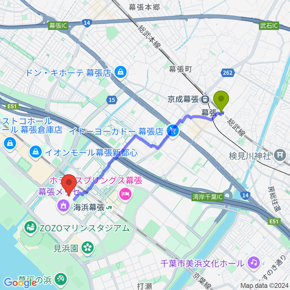 幕張駅から幕張メッセ 国際展示場9-11ホールへのルートマップ地図