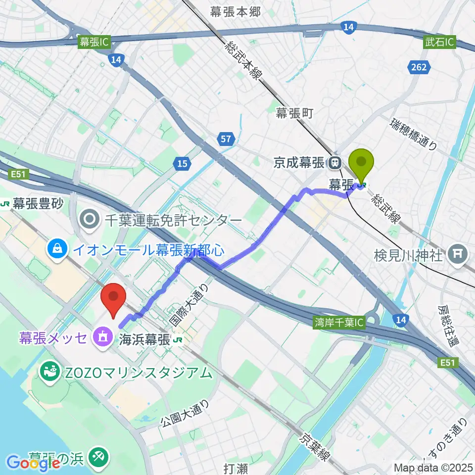 幕張駅から幕張メッセ 国際展示場9-11ホールへのルートマップ地図