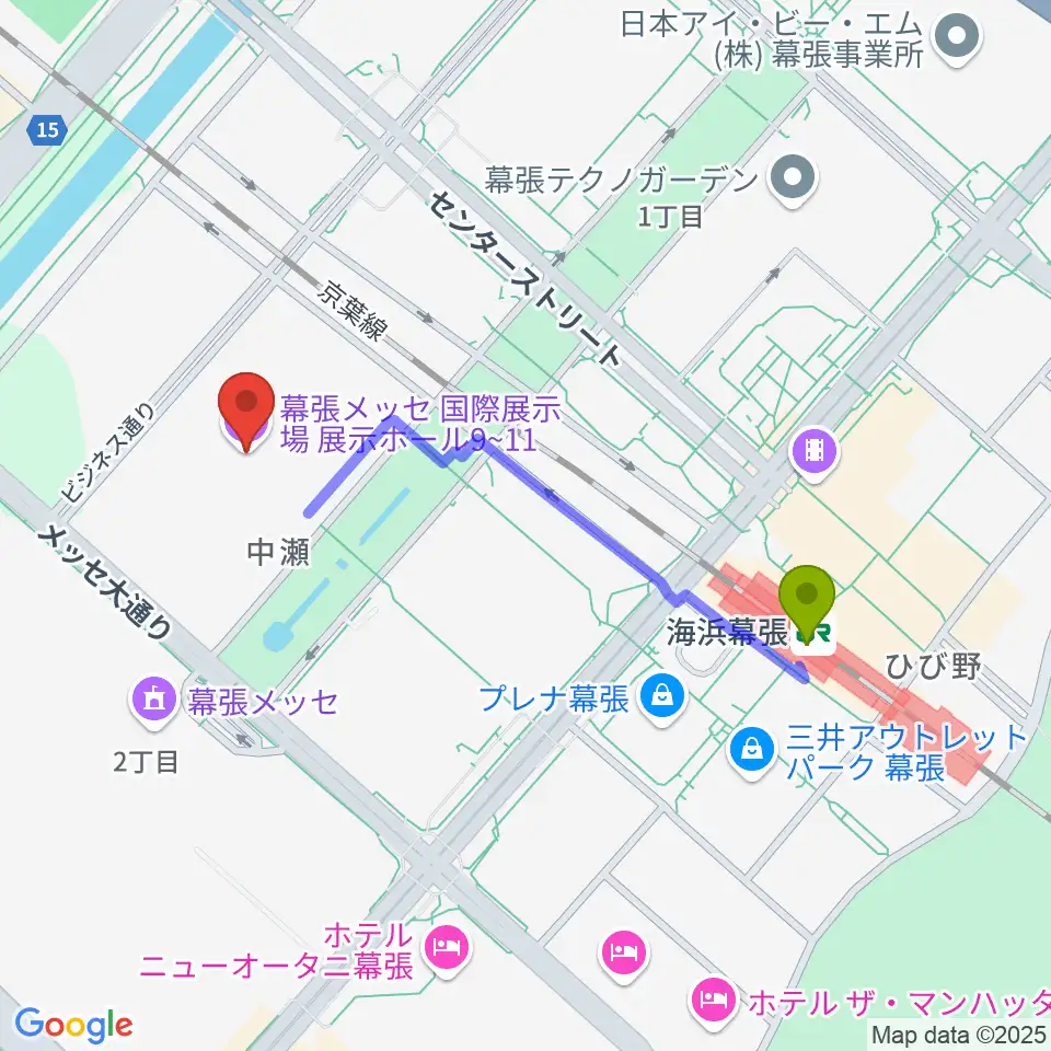 幕張メッセ 国際展示場9-11ホールの最寄駅海浜幕張駅からの徒歩ルート（約9分）地図