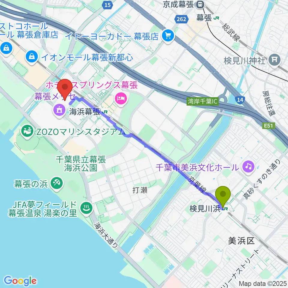 検見川浜駅から幕張メッセ 国際展示場9-11ホールへのルートマップ地図