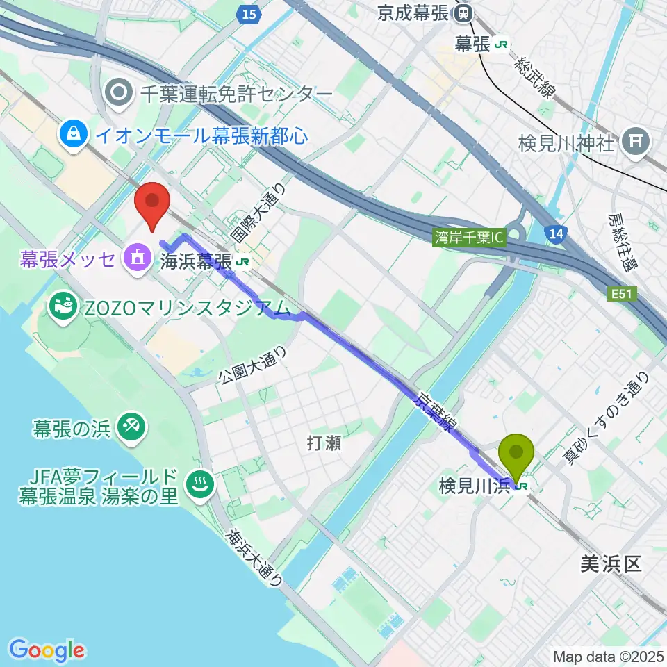 検見川浜駅から幕張メッセ 国際展示場9-11ホールへのルートマップ地図