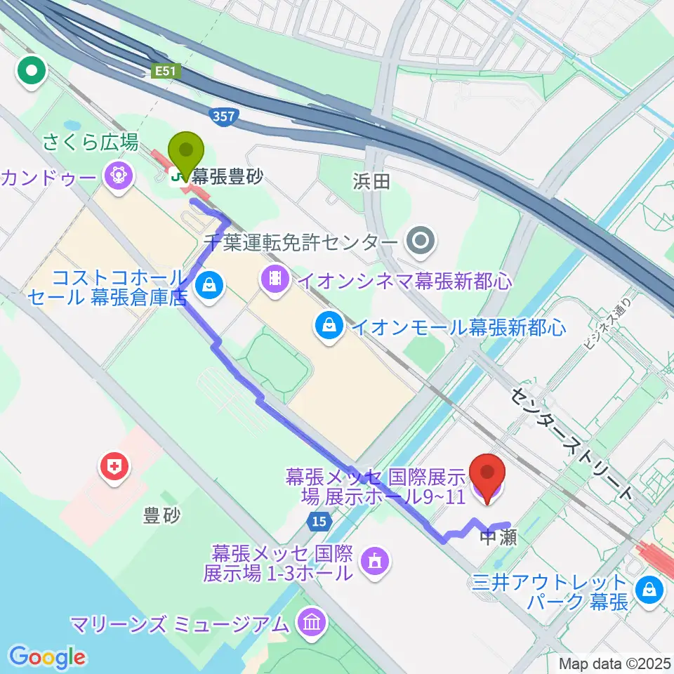 幕張豊砂駅から幕張メッセ 国際展示場9-11ホールへのルートマップ地図