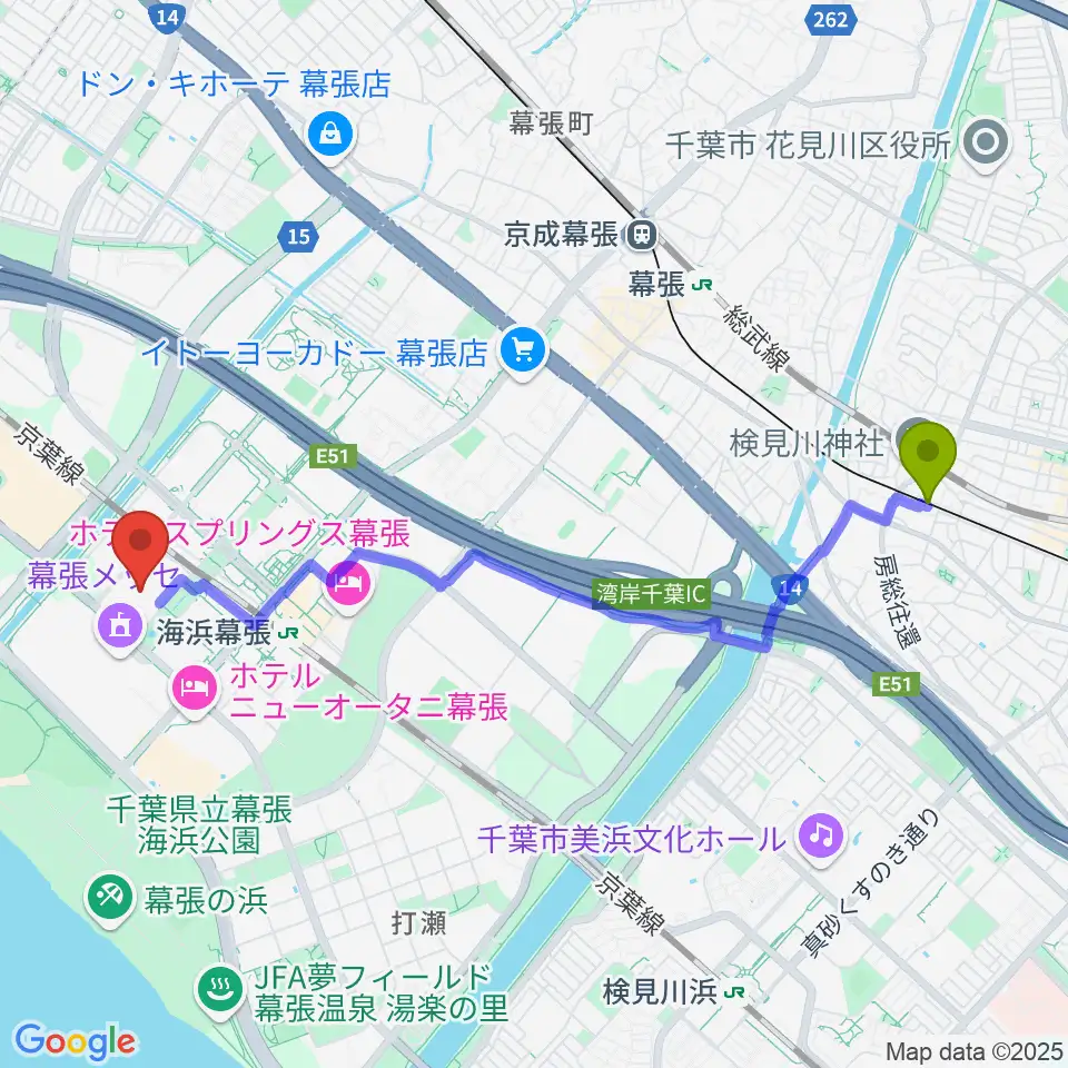 検見川駅から幕張メッセ 国際展示場9-11ホールへのルートマップ地図