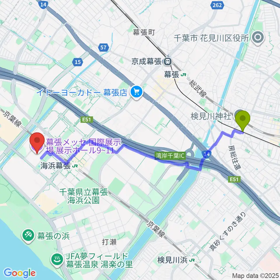 検見川駅から幕張メッセ 国際展示場9-11ホールへのルートマップ地図