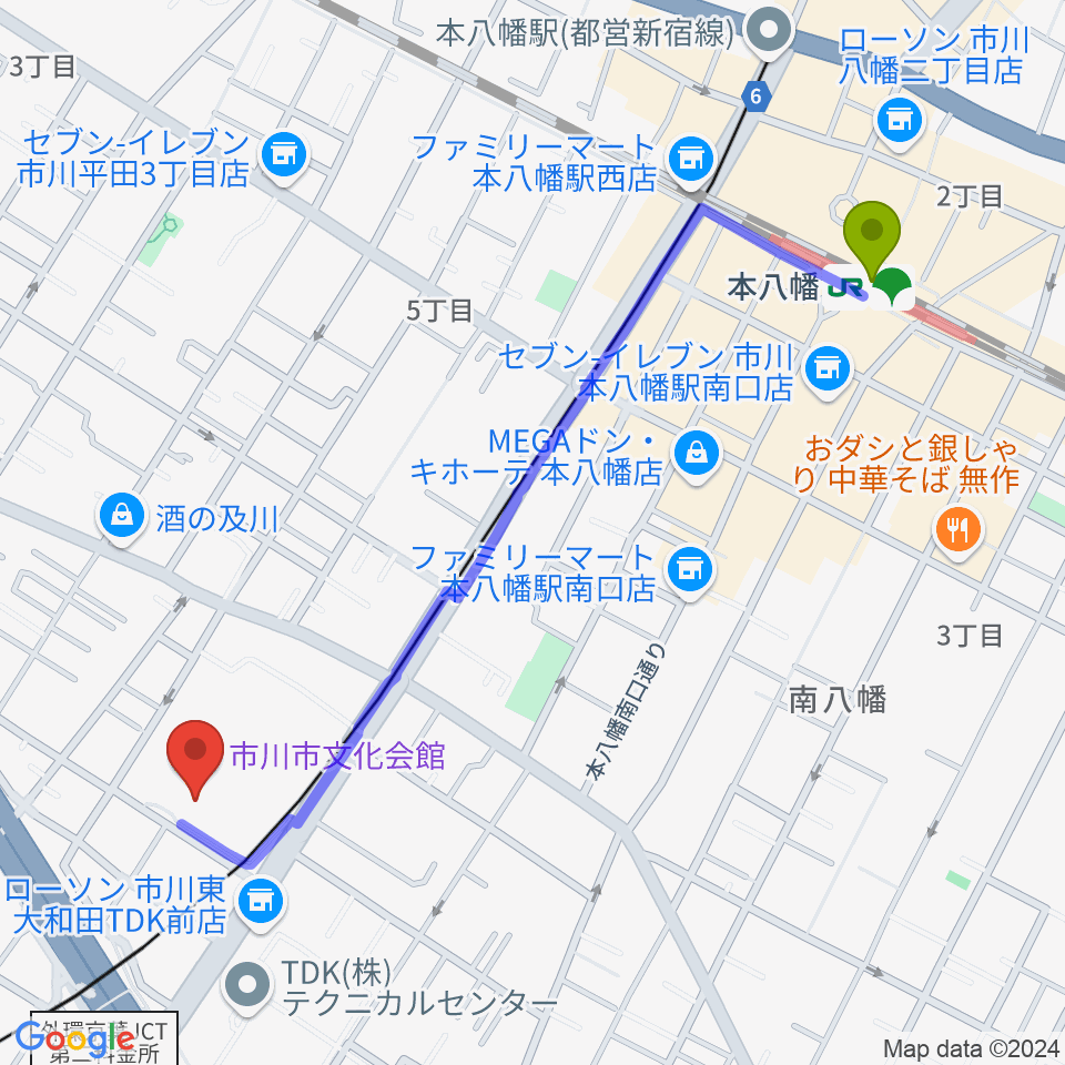 市川市文化会館の最寄駅本八幡駅からの徒歩ルート（約12分）地図