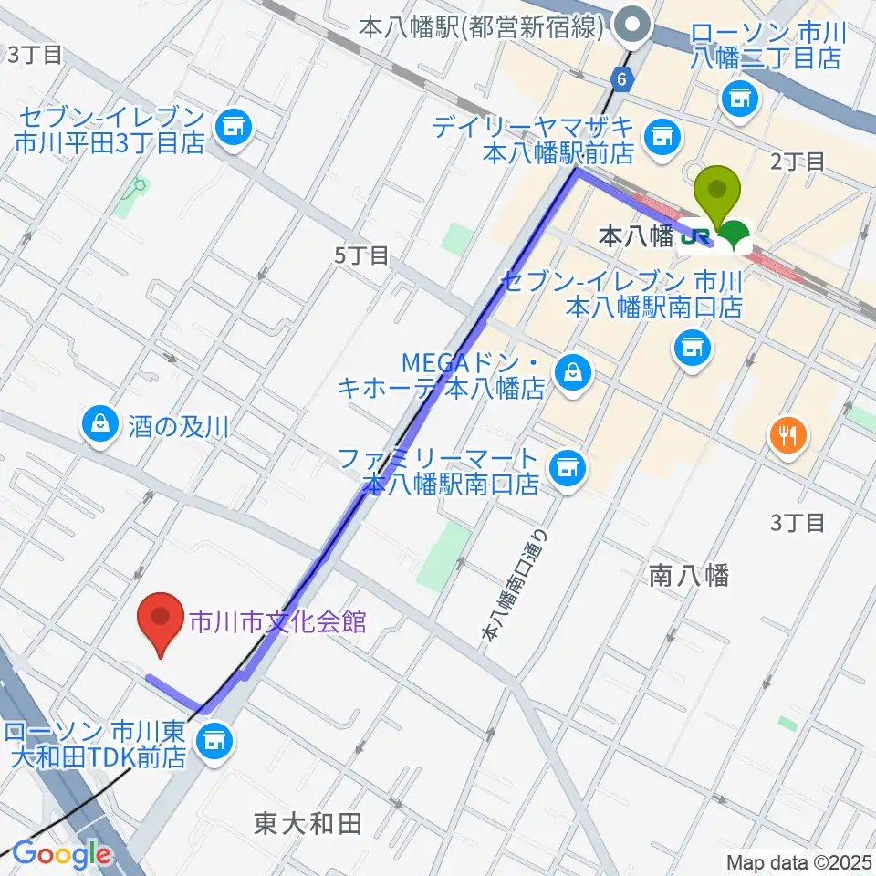 市川市文化会館の最寄駅本八幡駅からの徒歩ルート（約12分）地図