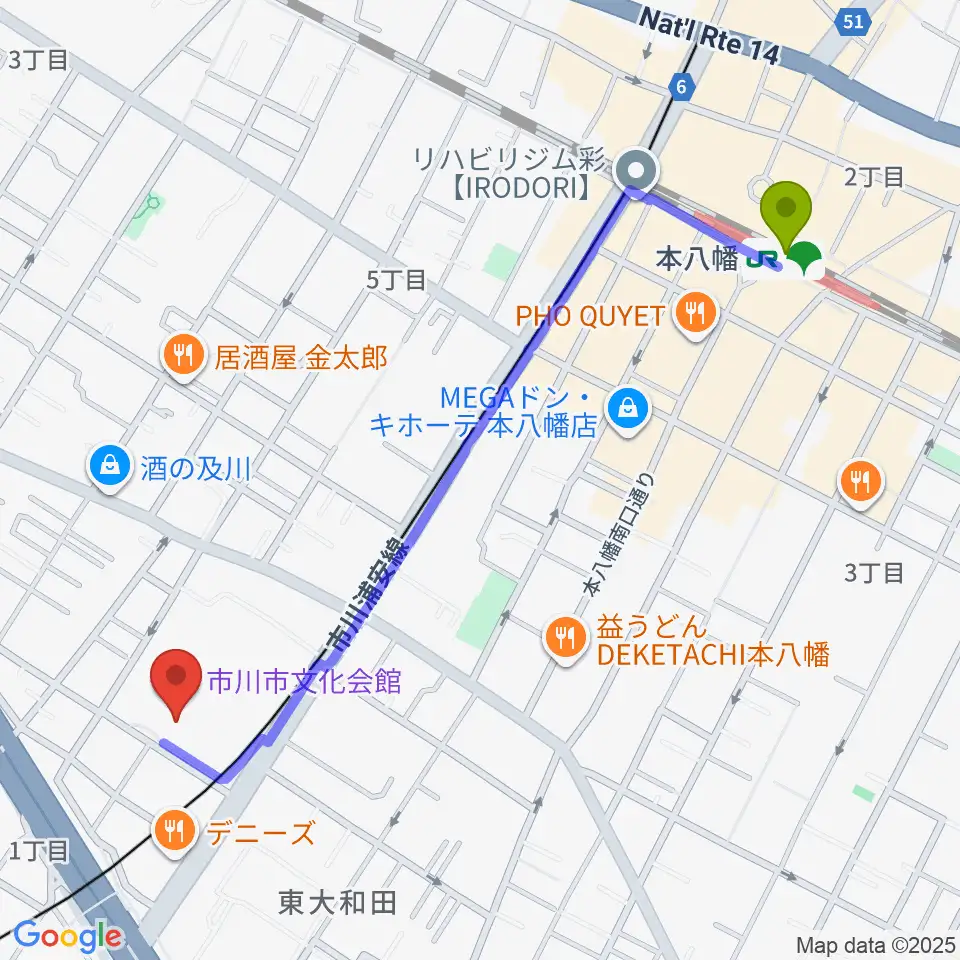 市川市文化会館の最寄駅本八幡駅からの徒歩ルート（約12分）地図